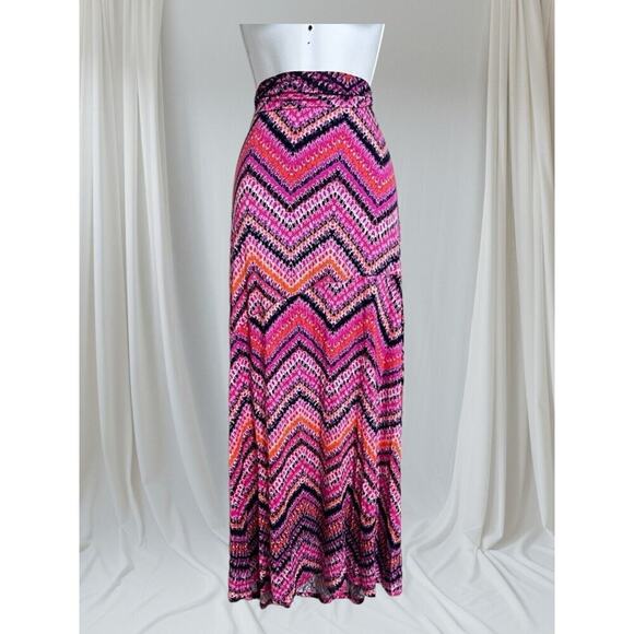 New Directions Maxi Skirt Size M Pull On Pink Multicolor Chevron Print READ - Picture 2 of 11